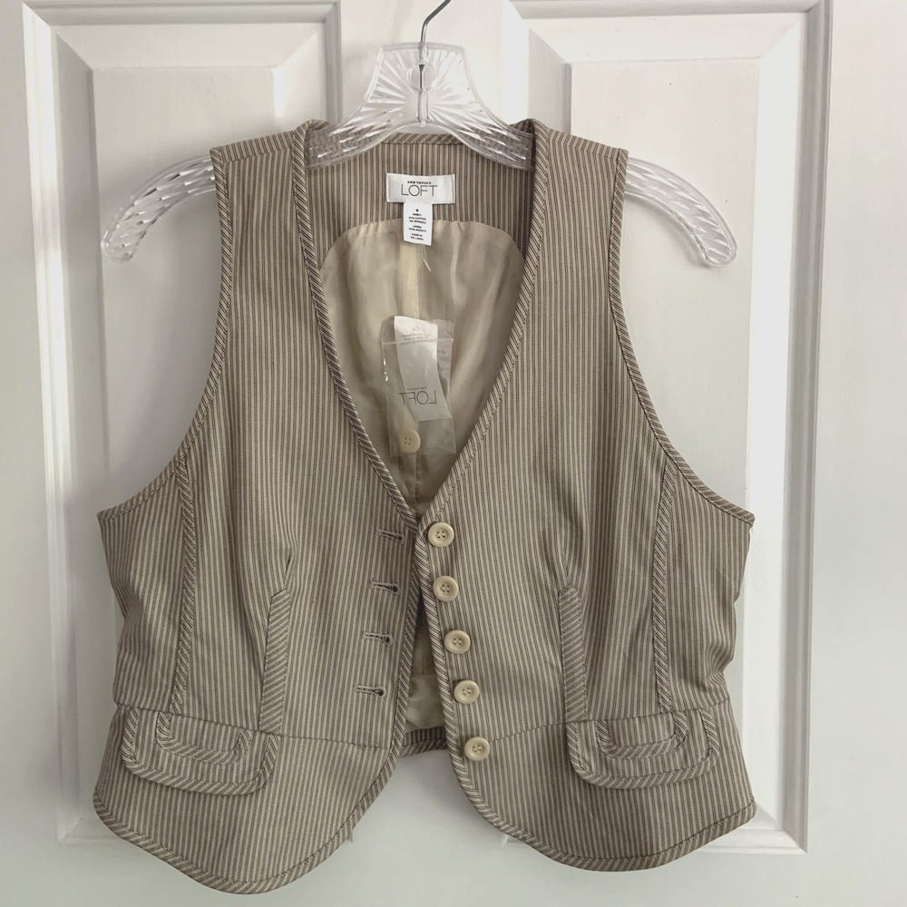 NWT Ann Taylor LOFT Suiting Button Front tan striped Vest Size 6 Tailored Lined